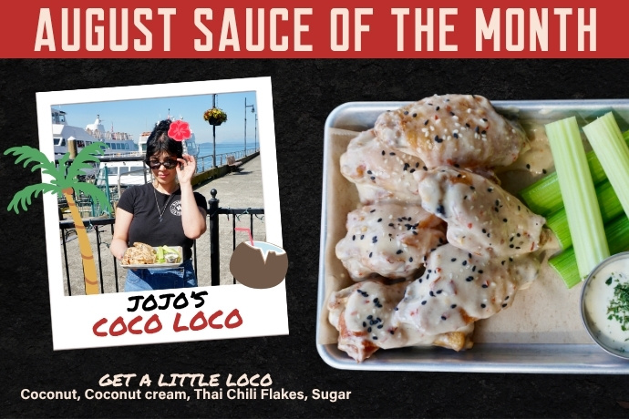 A woman holding food stands by the waterfront on the left; on the right, chicken wings with white coconut sauce, celery sticks, and dip. Text reads August Sauce of the Month: Jojos Coco Loco..