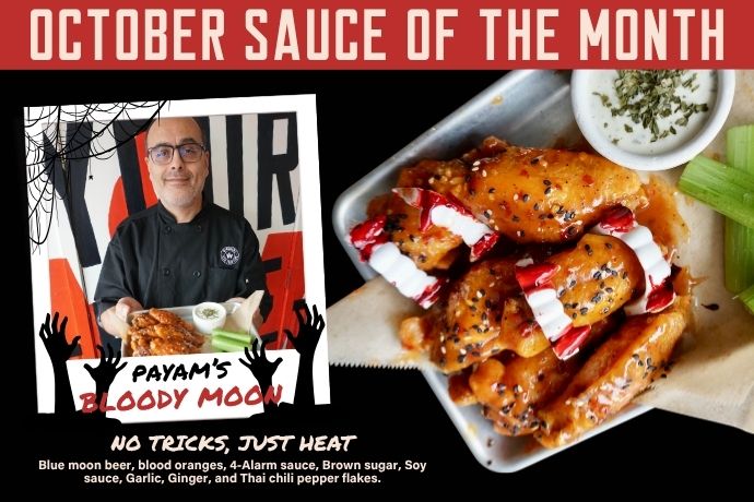 A chef holds saucy chicken wings. Next to him, a plate of wings topped with red sauce, sesame seeds, and chili flakes is shown. The text promotes an October spicy sauce named Bloody Moon, with a list of ingredients.